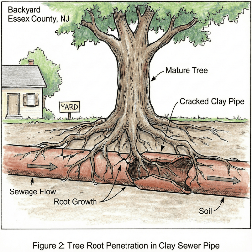Diagram showing how tree roots penetrate cracks in clay sewer pipes in an Essex County yard.