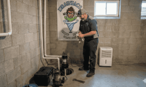 Drainiacs Plumbing and Heating technician installing a new sump pump in Bloomfield.