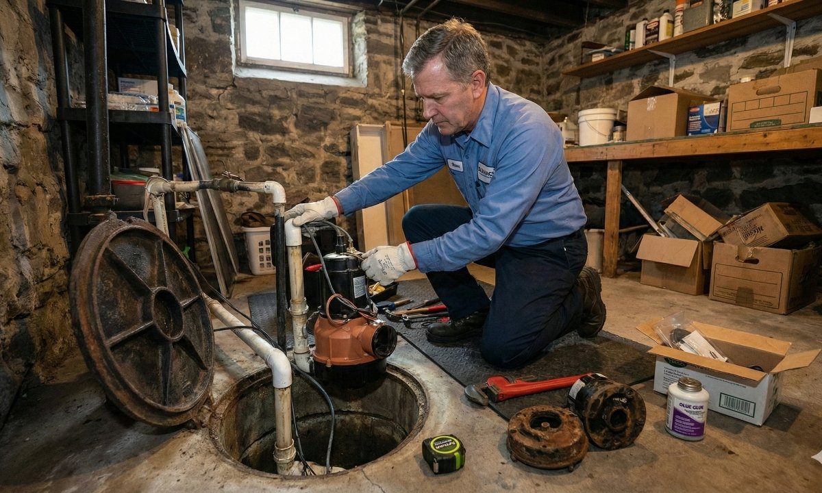 Professional plumber installing a new, high-capacity sewer ejector pump in a Hanover home.