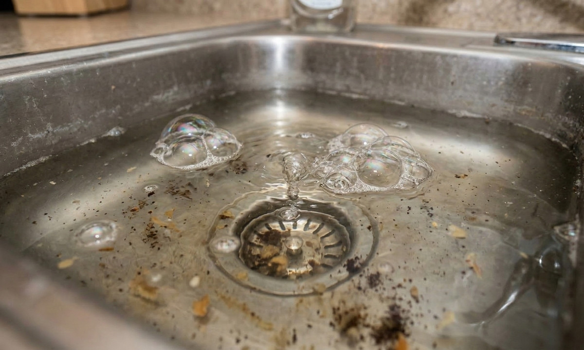 Water backing up and bubbling in a bathroom sink, which is a common sign of a clogged plumbing vent requiring repair
