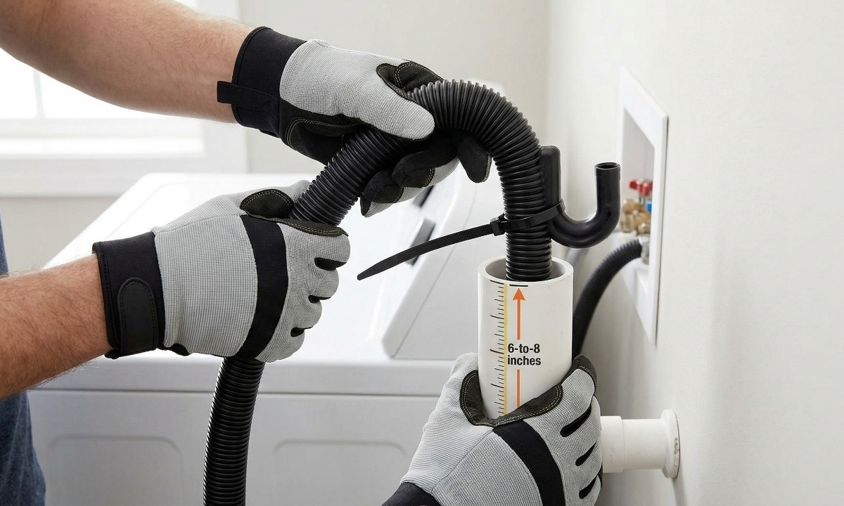 A local plumber correctly inserting and securing a flexible washing machine drain hose into a PVC standpipe.