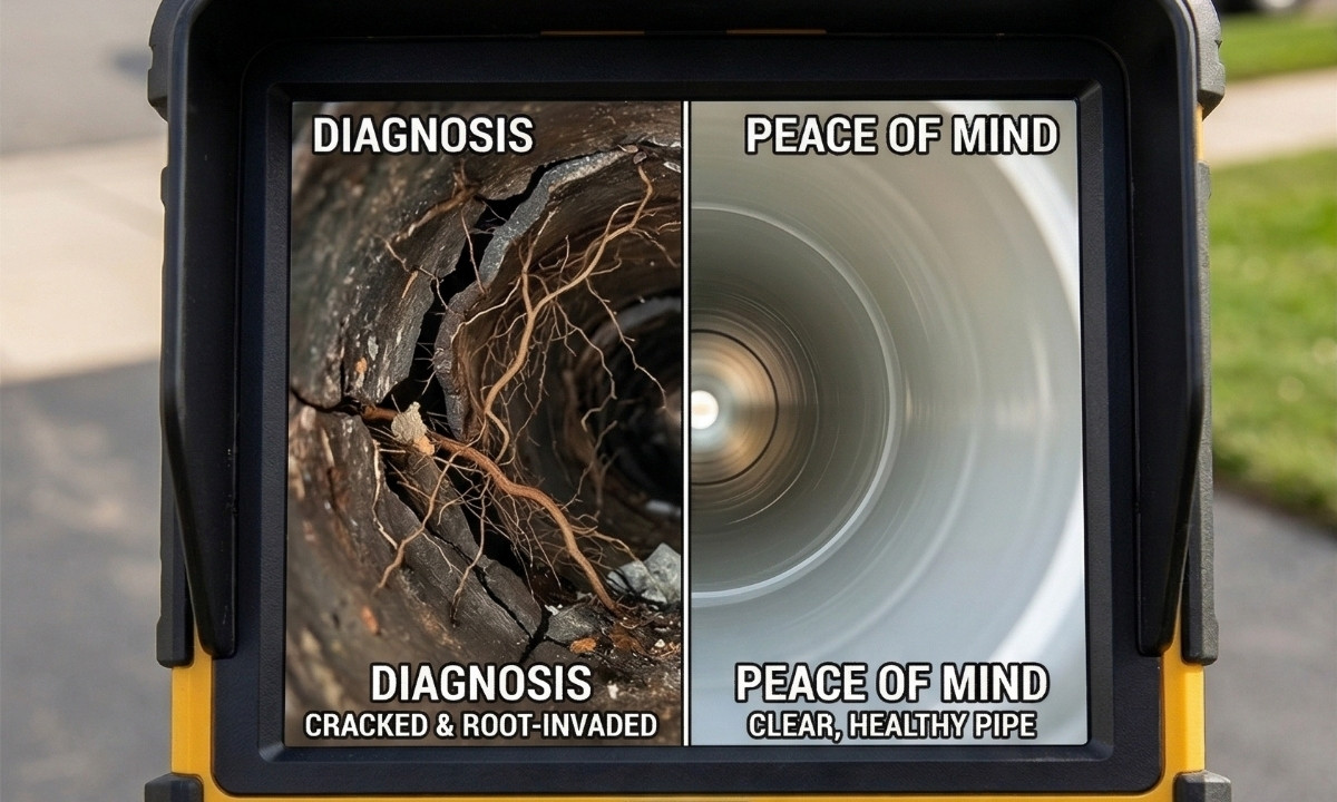 Sewer camera footage showing tree root infiltration and a cracked pipe interior detected during a video drain inspection in Parsippany, NJ